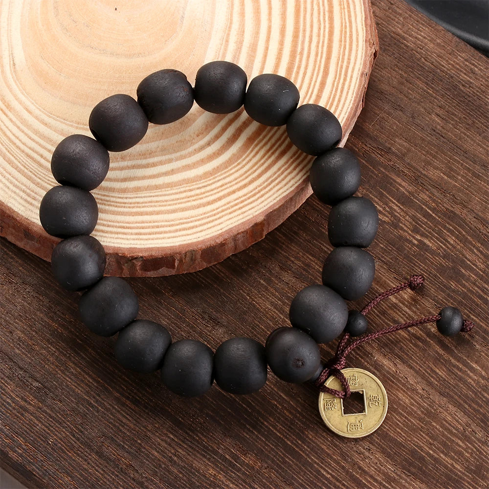 Wood Bead Buddha Bracelet – Copper Coin Lucky Prayer Bangle