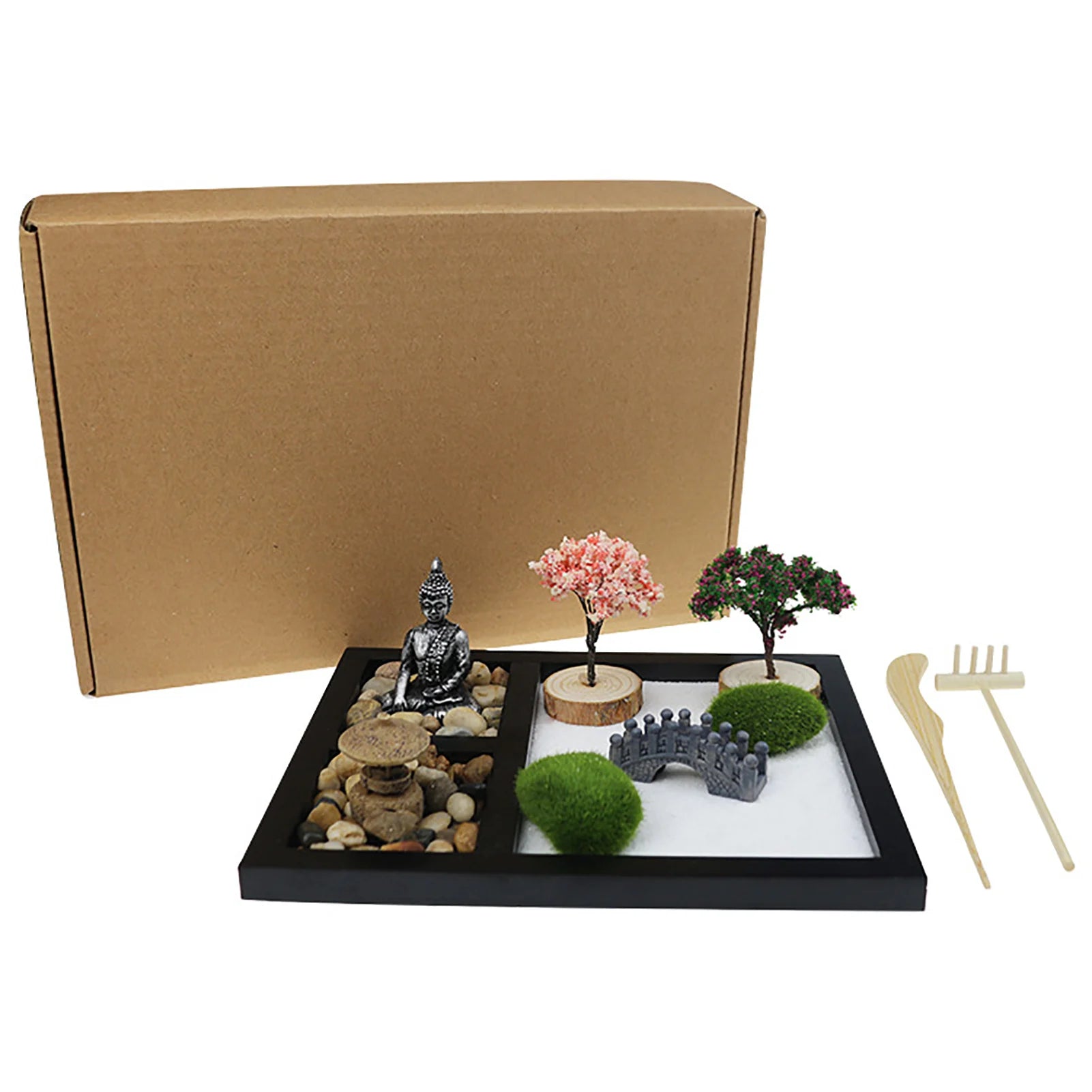 Mini Japanese Zen Sand Garden with Buddha & Cherry Trees – Complete Tabletop Meditation Kit