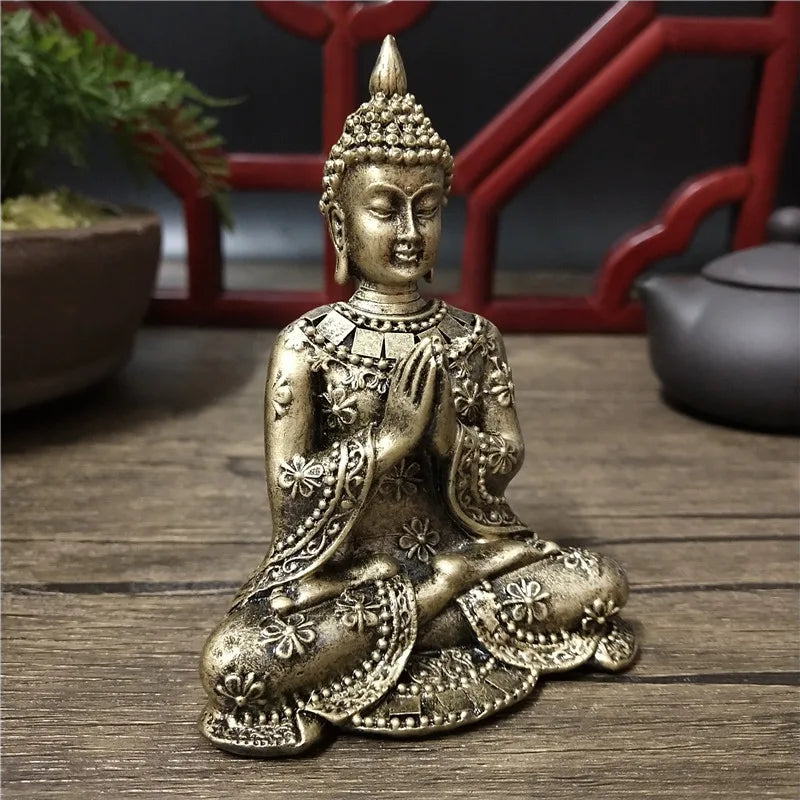 Handmade Resin Buddha Statue – Antique Bronze & Radiant Gold Luck Figurine