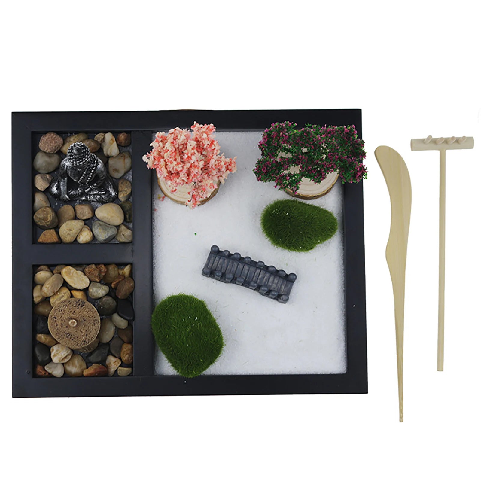 Mini Japanese Zen Sand Garden with Buddha & Cherry Trees – Complete Tabletop Meditation Kit