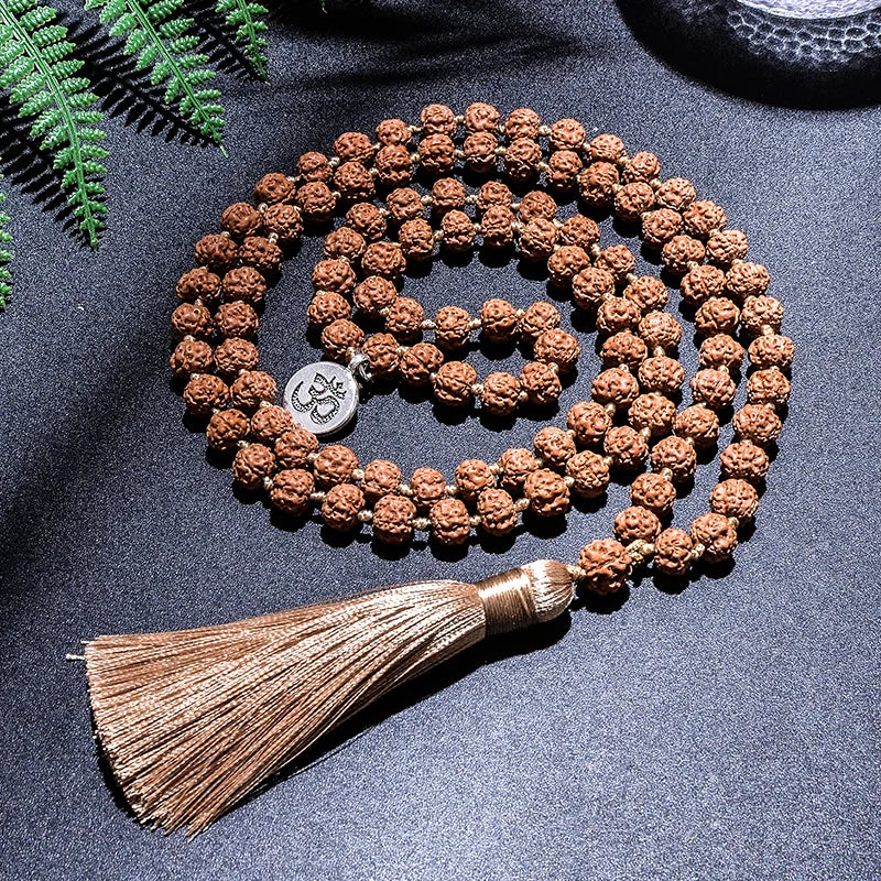 Natural Rudraksha 108 Beads Mala – Hand-Knotted Yoga & Meditation Necklace with Tassel