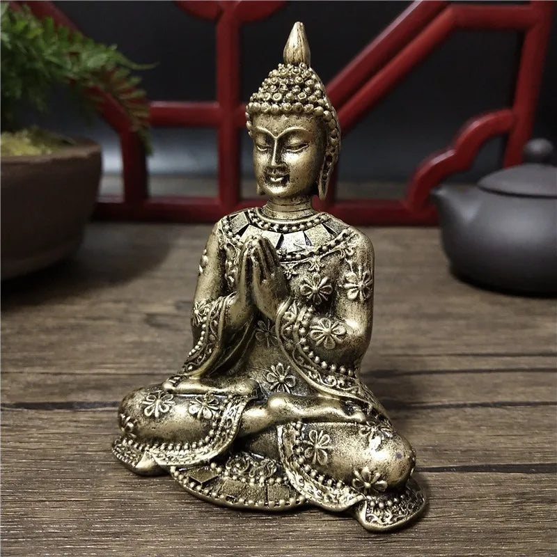 Handmade Resin Buddha Statue – Antique Bronze & Radiant Gold Luck Figurine