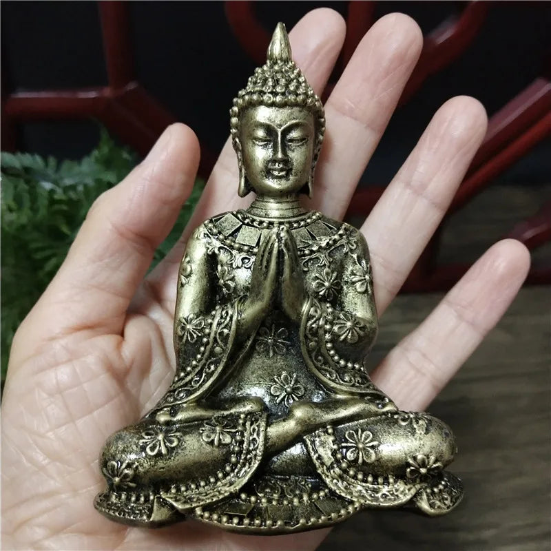 Handmade Resin Buddha Statue – Antique Bronze & Radiant Gold Luck Figurine