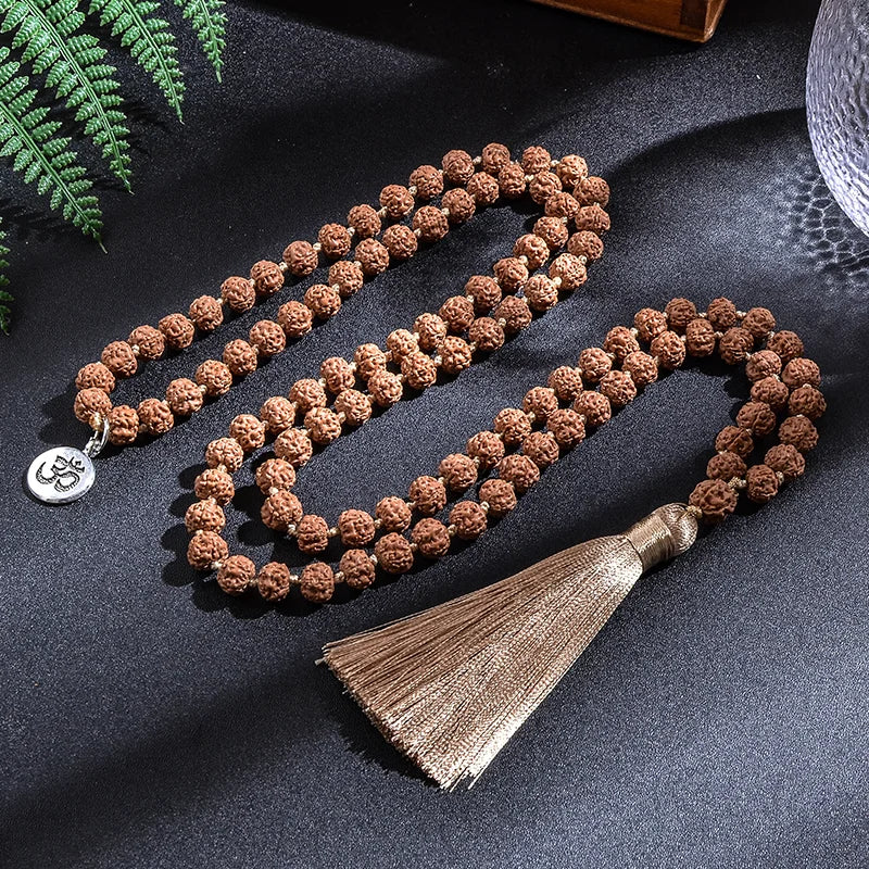 Natural Rudraksha 108 Beads Mala – Hand-Knotted Yoga & Meditation Necklace with Tassel