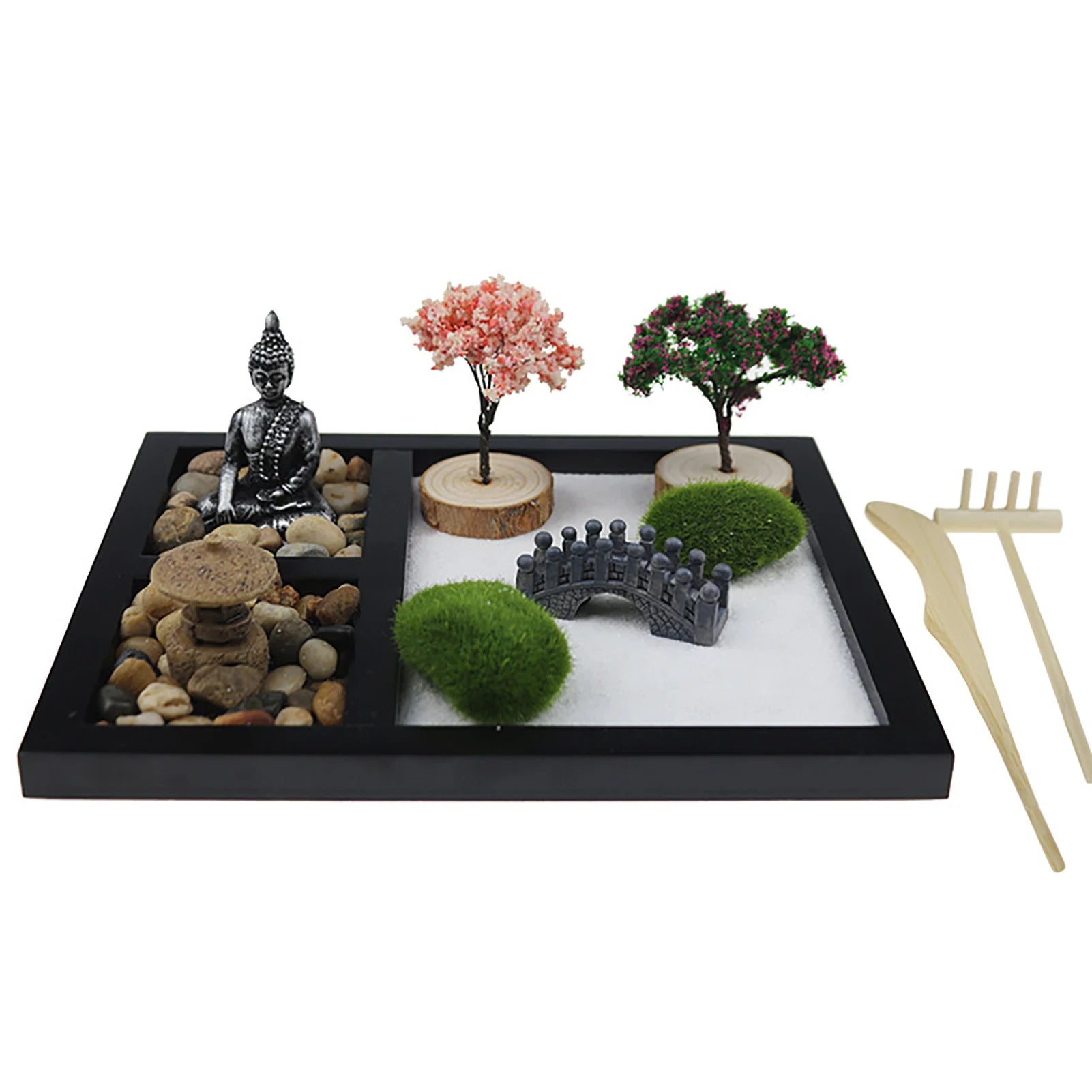 Mini Japanese Zen Sand Garden with Buddha & Cherry Trees – Complete Tabletop Meditation Kit