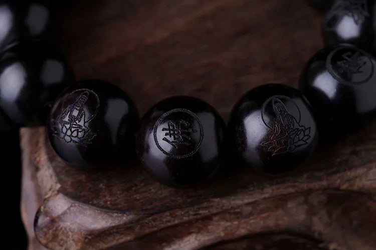 Natural Ebony Buddhist Prayer Bracelet – Hand-Carved Meditation Beads