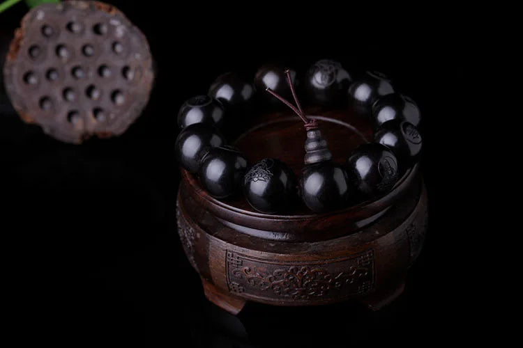 Natural Ebony Buddhist Prayer Bracelet – Hand-Carved Meditation Beads