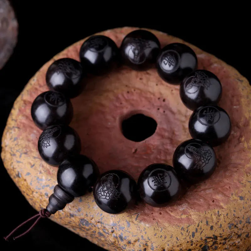 Natural Ebony Buddhist Prayer Bracelet – Hand-Carved Meditation Beads