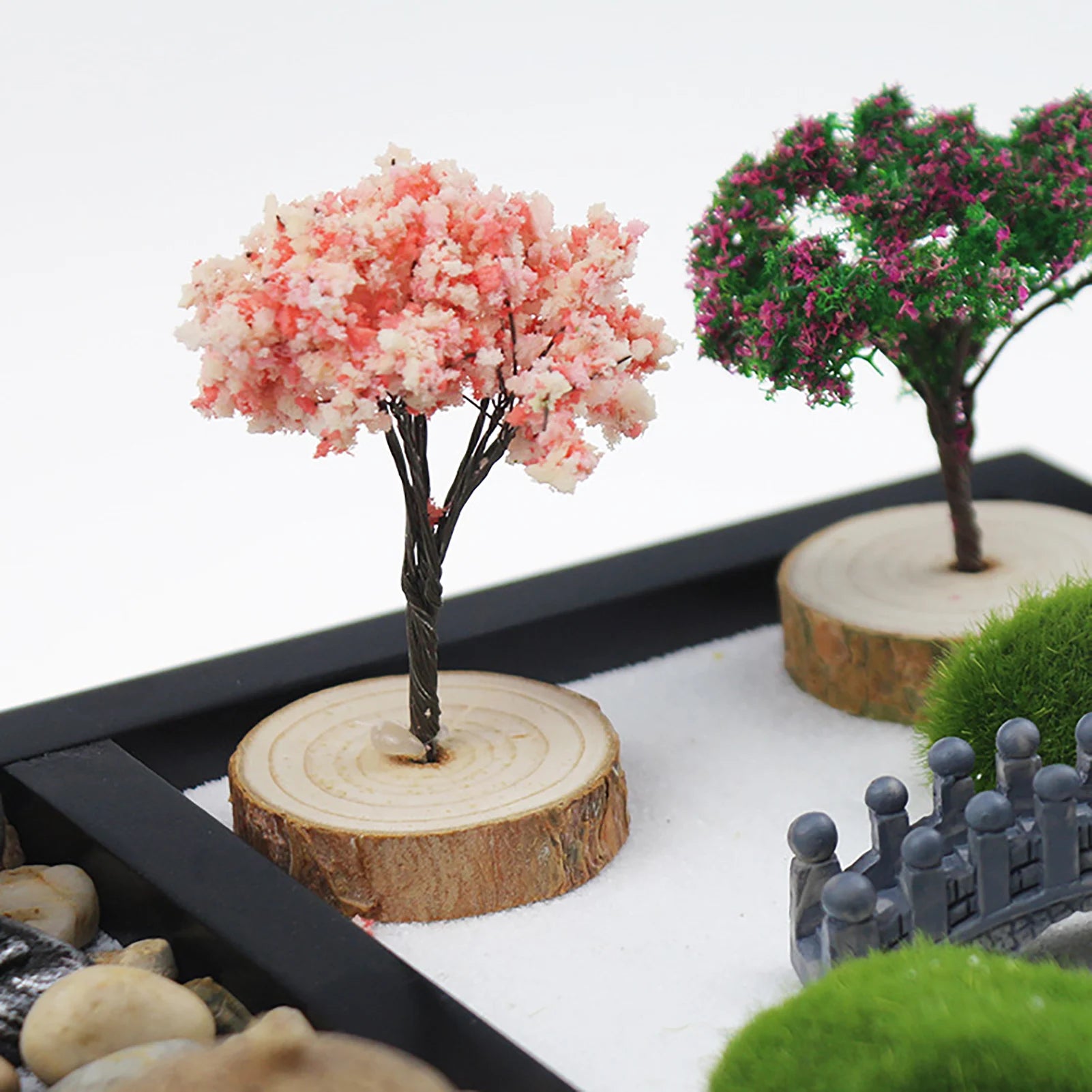Mini Japanese Zen Sand Garden with Buddha & Cherry Trees – Complete Tabletop Meditation Kit