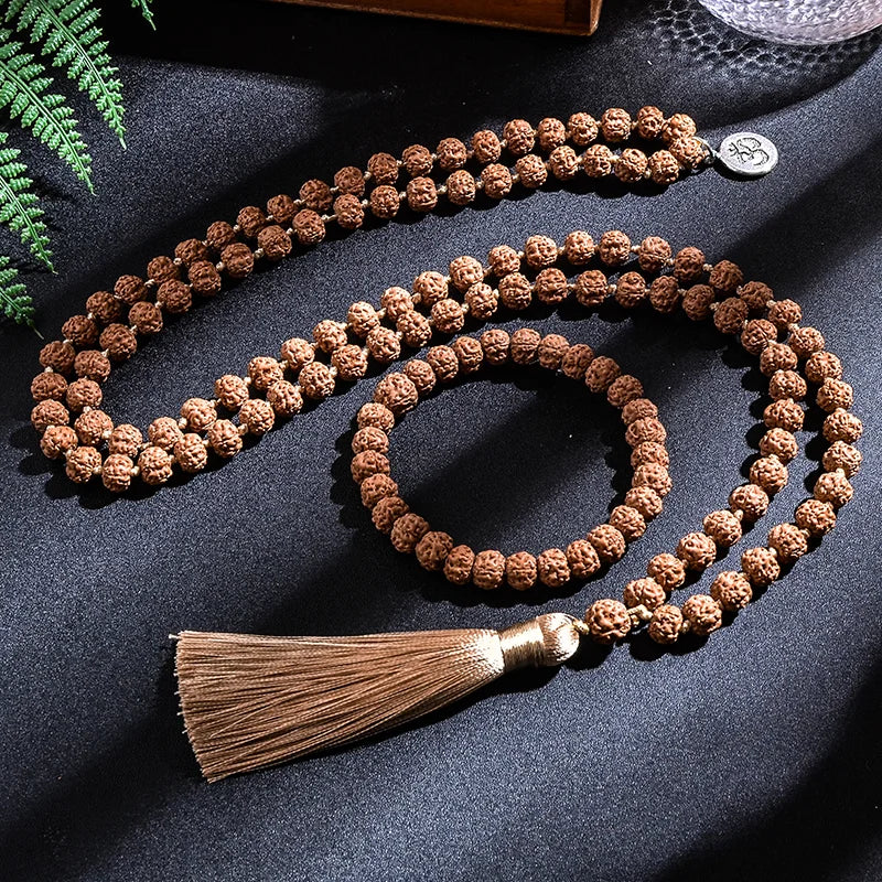 Natural Rudraksha 108 Beads Mala – Hand-Knotted Yoga & Meditation Necklace with Tassel