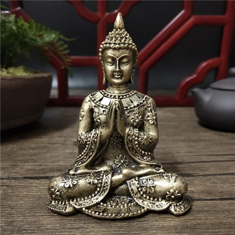Handmade Resin Buddha Statue – Antique Bronze & Radiant Gold Luck Figurine