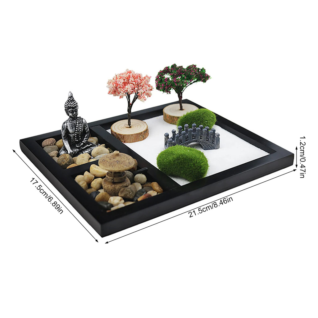 Mini Japanese Zen Sand Garden with Buddha & Cherry Trees – Complete Tabletop Meditation Kit