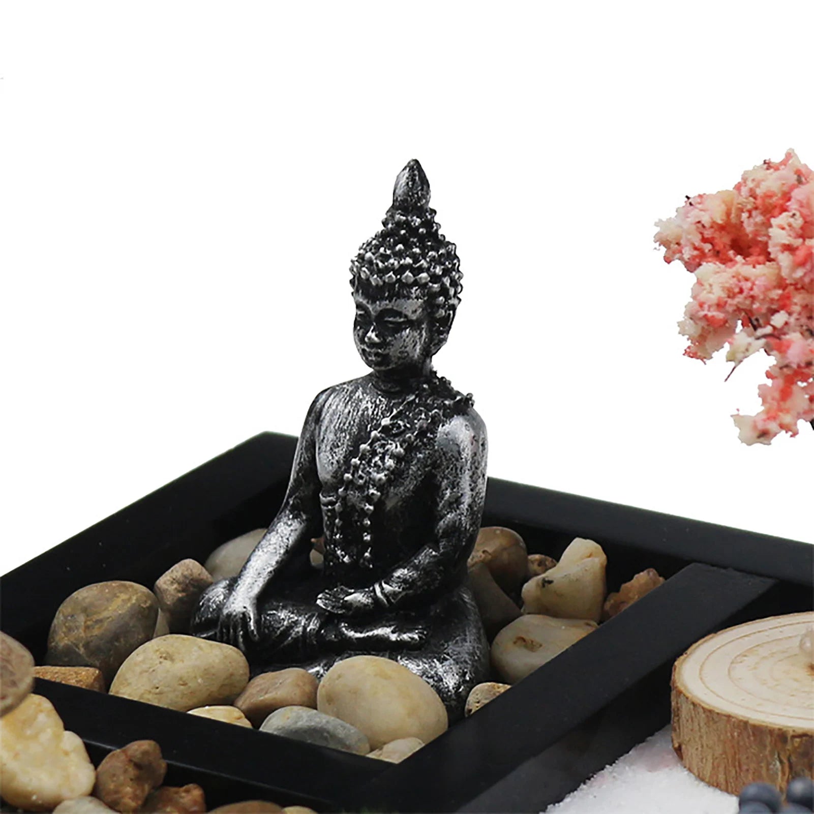 Mini Japanese Zen Sand Garden with Buddha & Cherry Trees – Complete Tabletop Meditation Kit