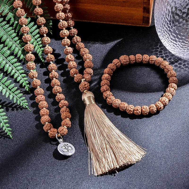 Natural Rudraksha 108 Beads Mala – Hand-Knotted Yoga & Meditation Necklace with Tassel