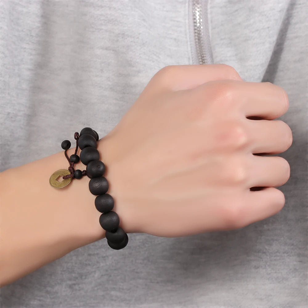 Wood Bead Buddha Bracelet – Copper Coin Lucky Prayer Bangle