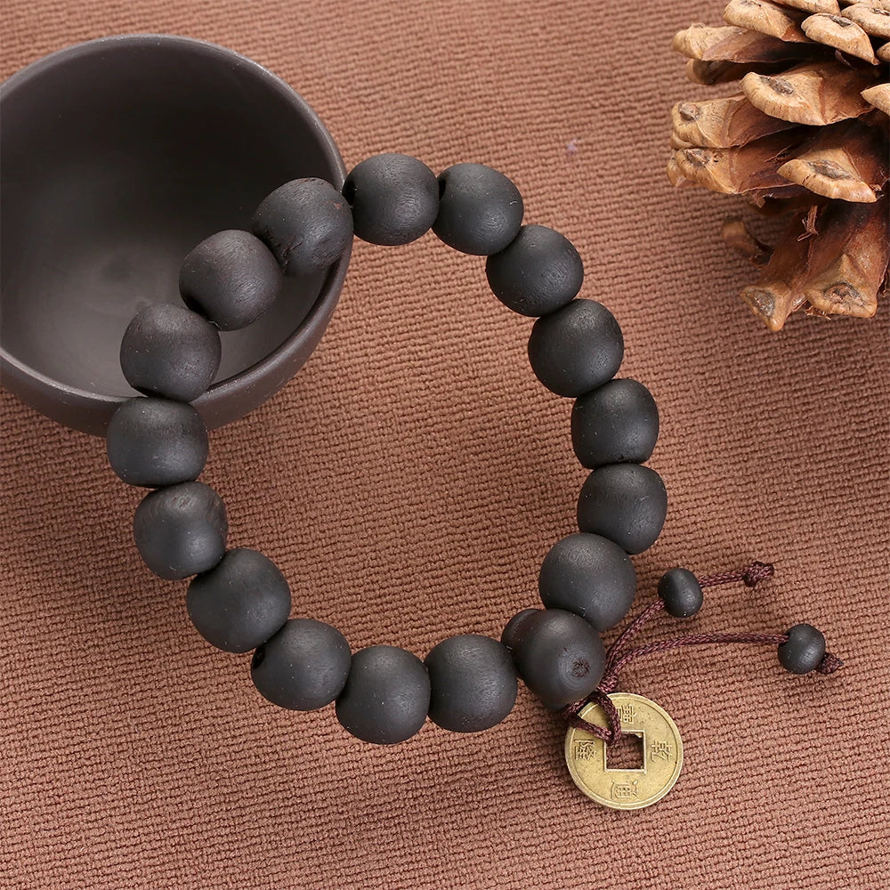 Wood Bead Buddha Bracelet – Copper Coin Lucky Prayer Bangle