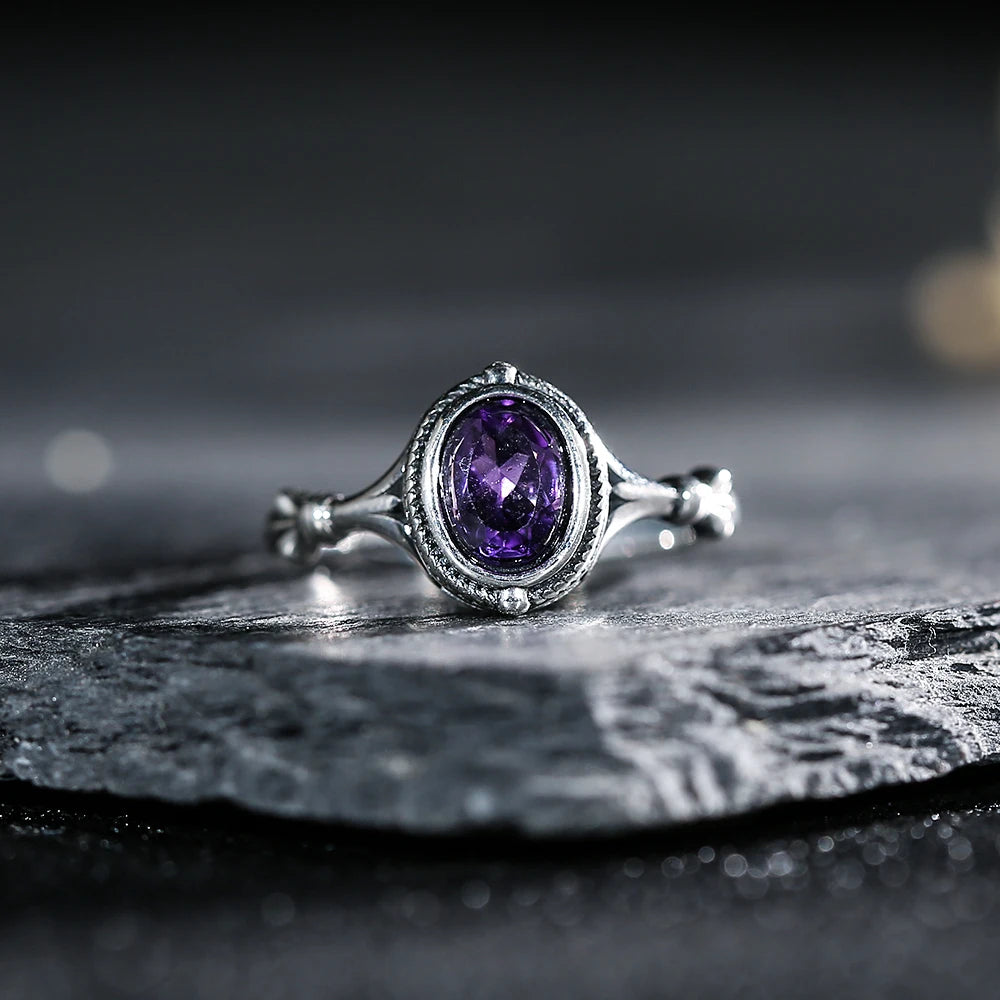 Natural Amethyst Ring – 925 Sterling Silver | Adjustable Unisex Purple Gemstone Jewelry
