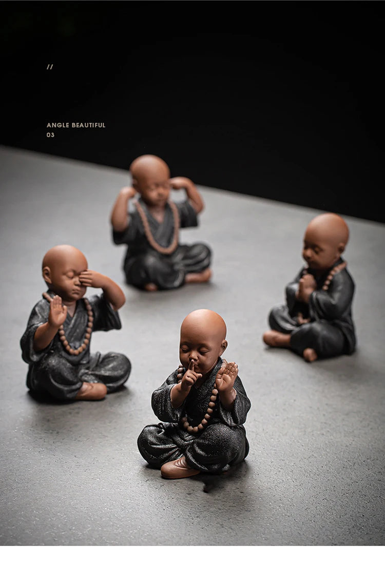Four Little Monk Ceramic Statues – See No Evil, Hear No Evil, Speak No Evil & Prayer for Blessings