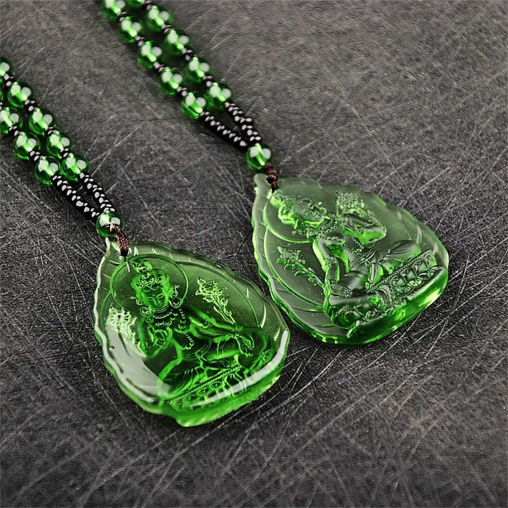 Ice Green Crystal Lotus GuanYin Amulet Necklace – Carved Buddhist Pendant with Beads | Lucky Protection Charm