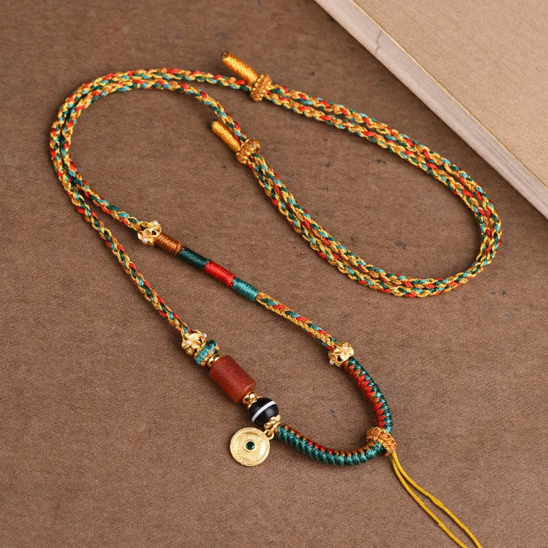 Tibetan-Style Hand-Woven Necklace – Beeswax Amulet & Thangka Pendant Rope