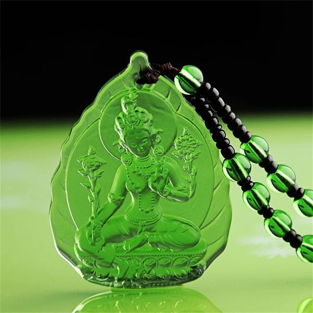 Ice Green Crystal Lotus GuanYin Amulet Necklace – Carved Buddhist Pendant with Beads | Lucky Protection Charm