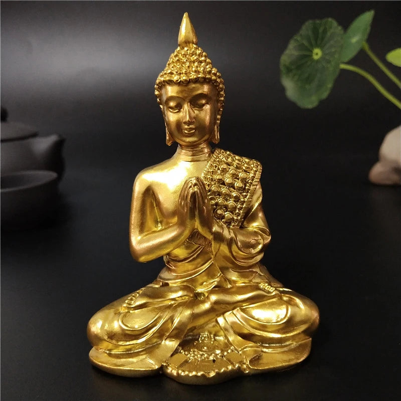 Handmade Resin Buddha Statue – Antique Bronze & Radiant Gold Luck Figurine