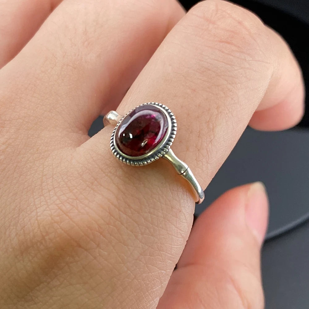 Natural Garnet Ring – 925 Sterling Silver | Adjustable Unisex Deep Red Gemstone Jewelry