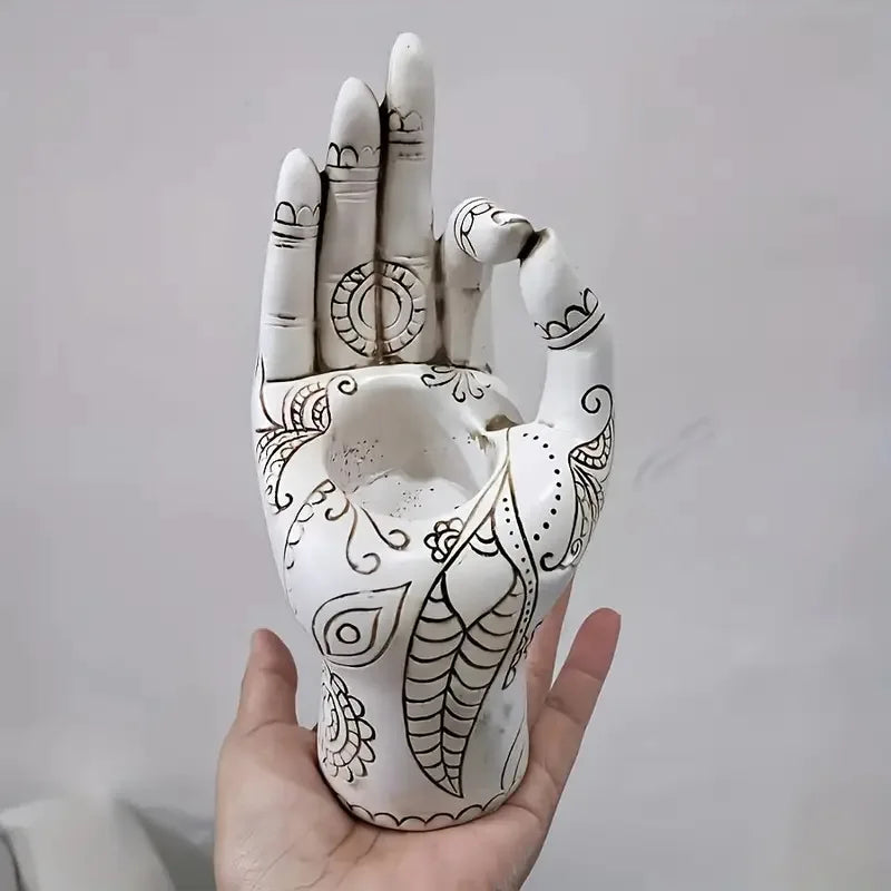 Hand of Serenity Mudra Statue – Henna-Pattern Resin Meditation Decor