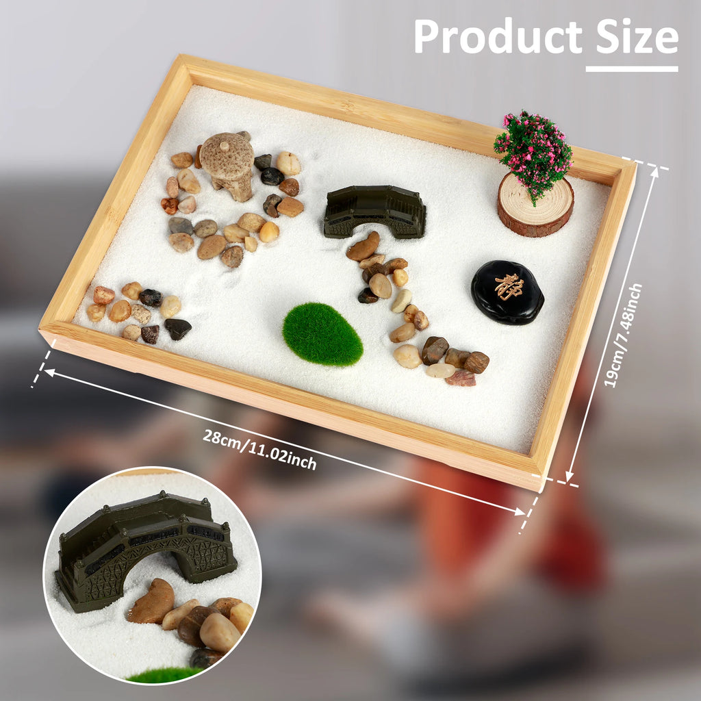 Mini Zen Garden Kit with Tree & Stone Bridge – Desktop Meditation Sand Tray