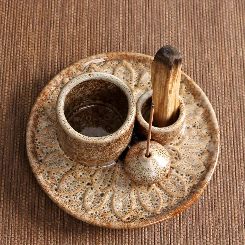 4-in-1 Ceramic Palo Santo &amp; Incense Holder – Meditation & Home Décor Tray
