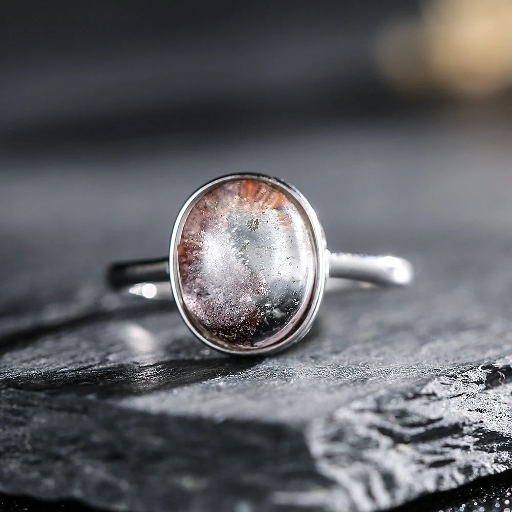 Natural Phantom Crystal Ring – 925 Silver Minimalist Oval 10×8 mm | Unisex Adjustable Spiritual Jewelry