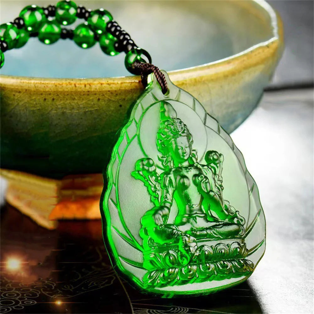 Ice Green Crystal Lotus GuanYin Amulet Necklace – Carved Buddhist Pendant with Beads | Lucky Protection Charm