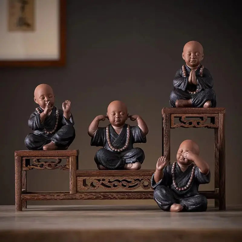 Four Little Monk Ceramic Statues – See No Evil, Hear No Evil, Speak No Evil & Prayer for Blessings