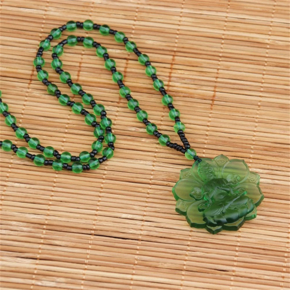 Ice Green Crystal Lotus GuanYin Amulet Necklace – Carved Buddhist Pendant with Beads | Lucky Protection Charm