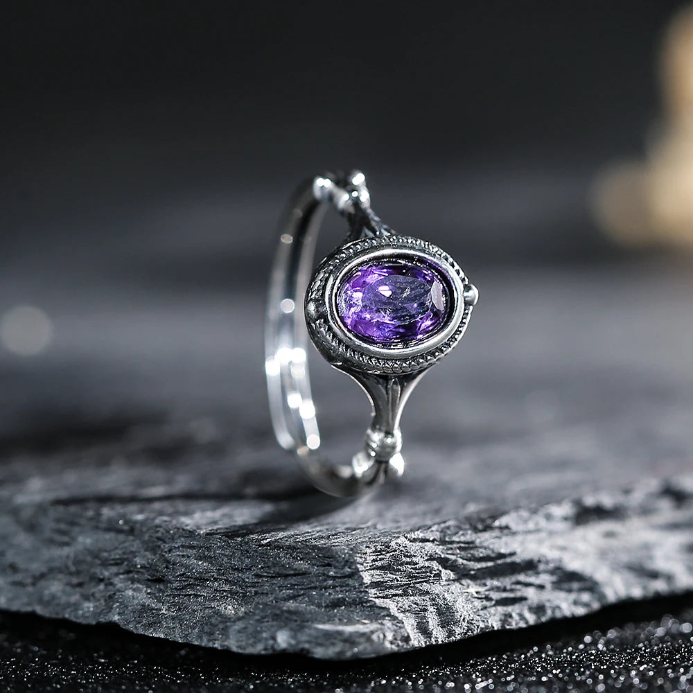 Natural Amethyst Ring – 925 Sterling Silver | Adjustable Unisex Purple Gemstone Jewelry