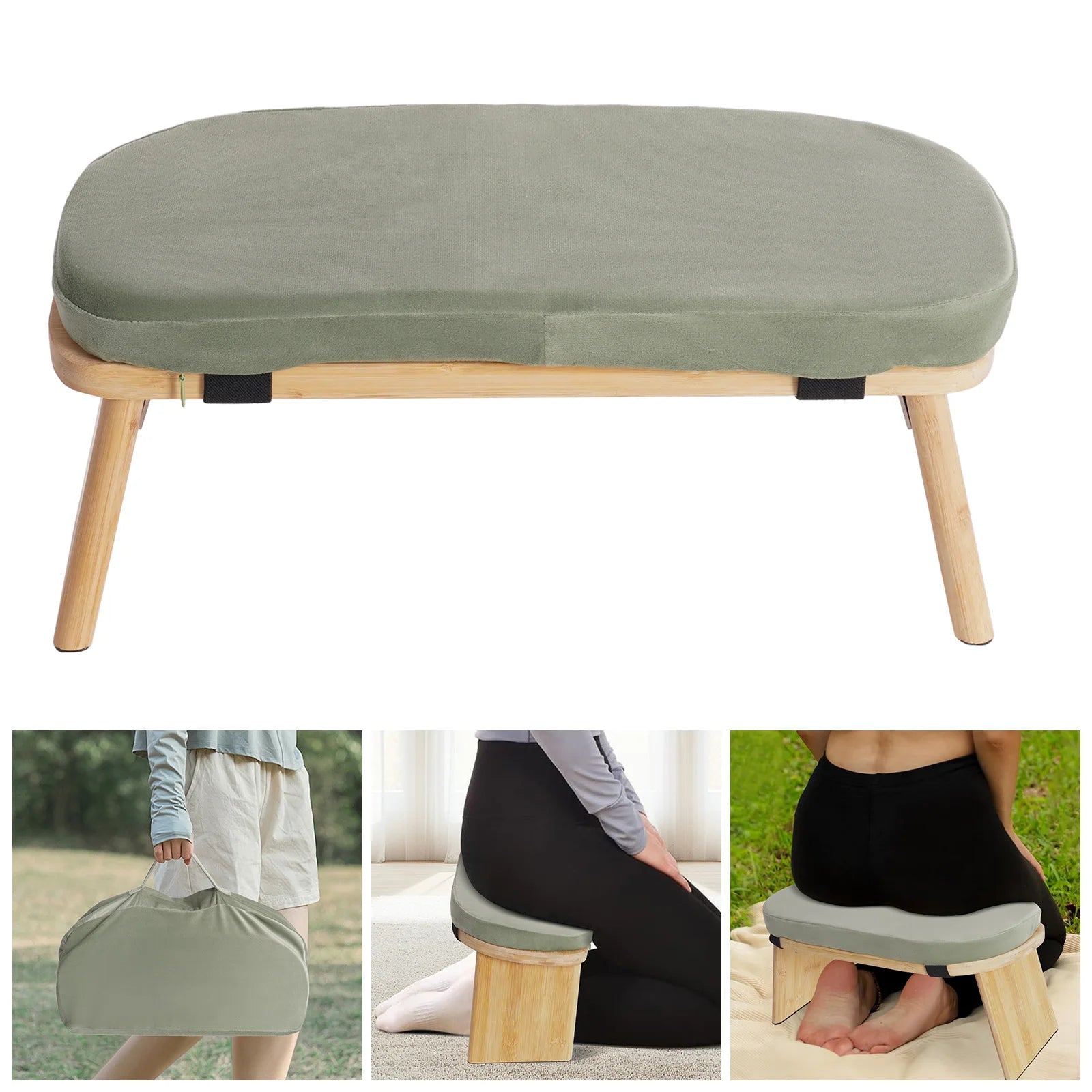 Foldable Bamboo Meditation Bench – Velvet Cushion with 5° Ergonomic Tilt & Carry Bag
