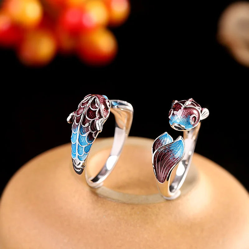 Meditation Koi Fish Ring – Silver-Plated Adjustable Enamel Jewelry | Symbol of Flow & Inner Harmony