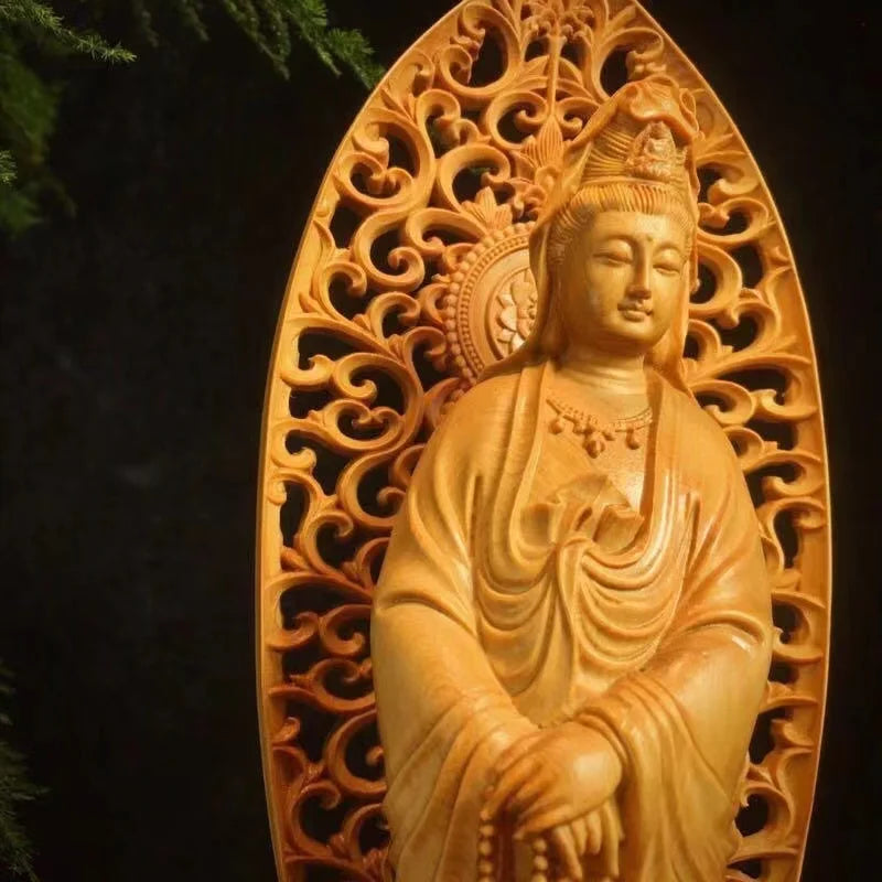Wooden Figure Buddha Guanyin Bodhisattva Feng Shui Statue Chinese Buddha Statues Home Room, Office Decoration Accessories