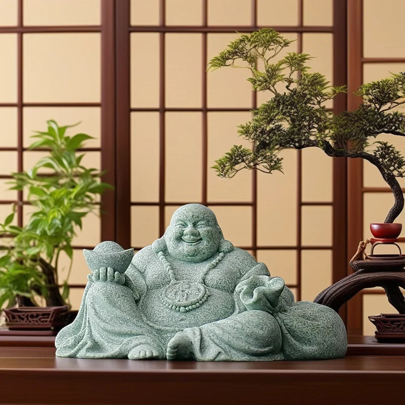 Green Sandstone Laughing Buddha Statue Chinese Buddhist figures Zen Buddha Home Room Office Wealth Luck Feng Shui Decor