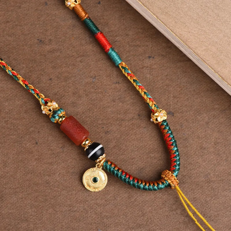 Tibetan-Style Hand-Woven Necklace – Beeswax Amulet & Thangka Pendant Rope