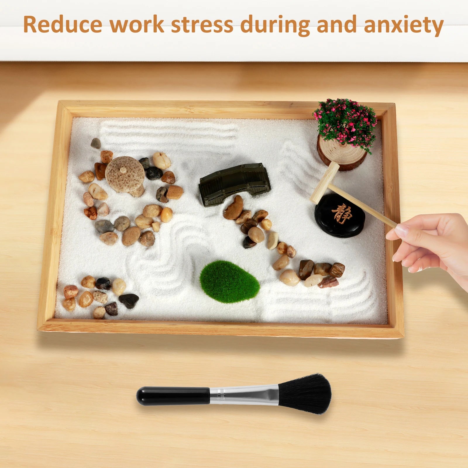 Mini Zen Garden Kit with Tree & Stone Bridge – Desktop Meditation Sand Tray