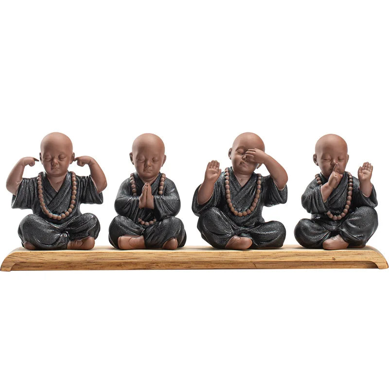 Four Little Monk Ceramic Statues – See No Evil, Hear No Evil, Speak No Evil & Prayer for Blessings