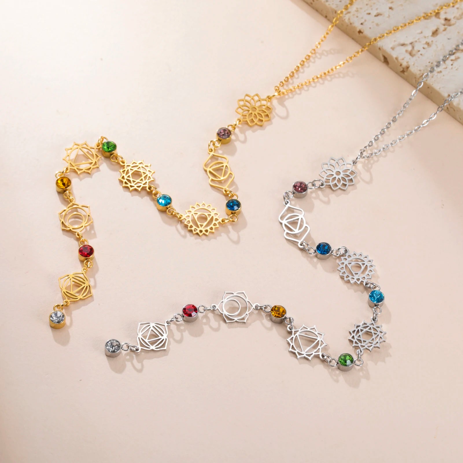 Yoga 7 Chakra Flower Necklace – Stainless Steel with Clear Zircon Charms