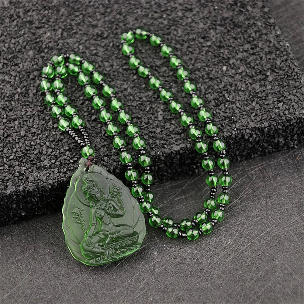 Ice Green Crystal Lotus GuanYin Amulet Necklace – Carved Buddhist Pendant with Beads | Lucky Protection Charm