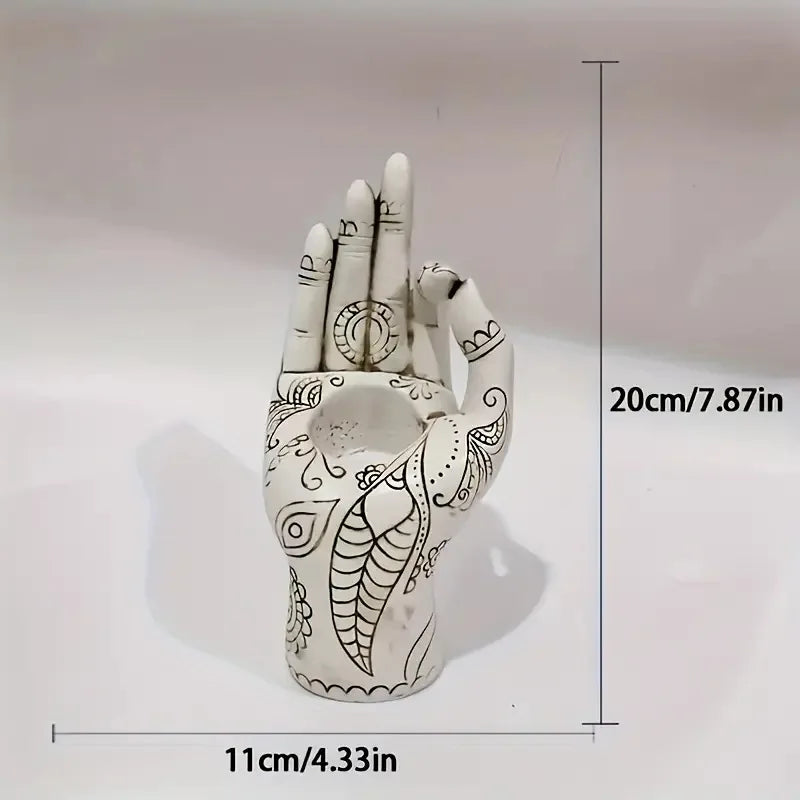 Hand of Serenity Mudra Statue – Henna-Pattern Resin Meditation Decor