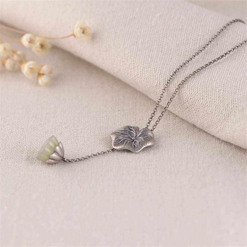 Ethnic Lotus Leaf & Jade Tassel Necklace