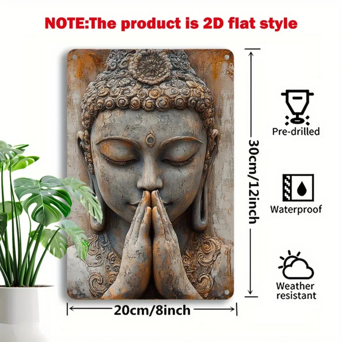 Golden Leaf Buddha Tin Sign - Vintage Aluminum Wall Art | 8x12 Inch Zen Decor for Home, Garden & Meditation Space | Spiritual Metal Sign