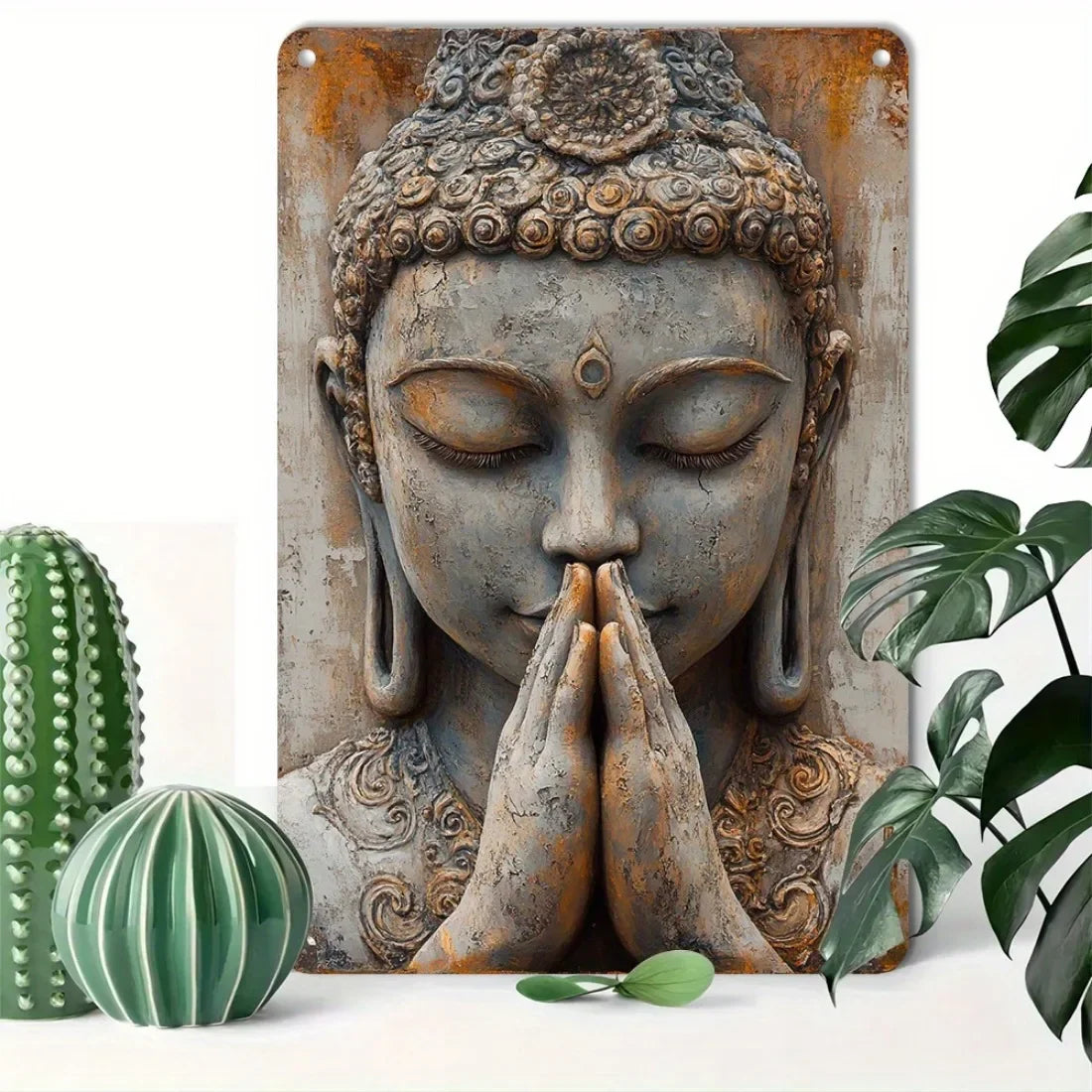 Golden Leaf Buddha Tin Sign - Vintage Aluminum Wall Art | 8x12 Inch Zen Decor for Home, Garden & Meditation Space | Spiritual Metal Sign