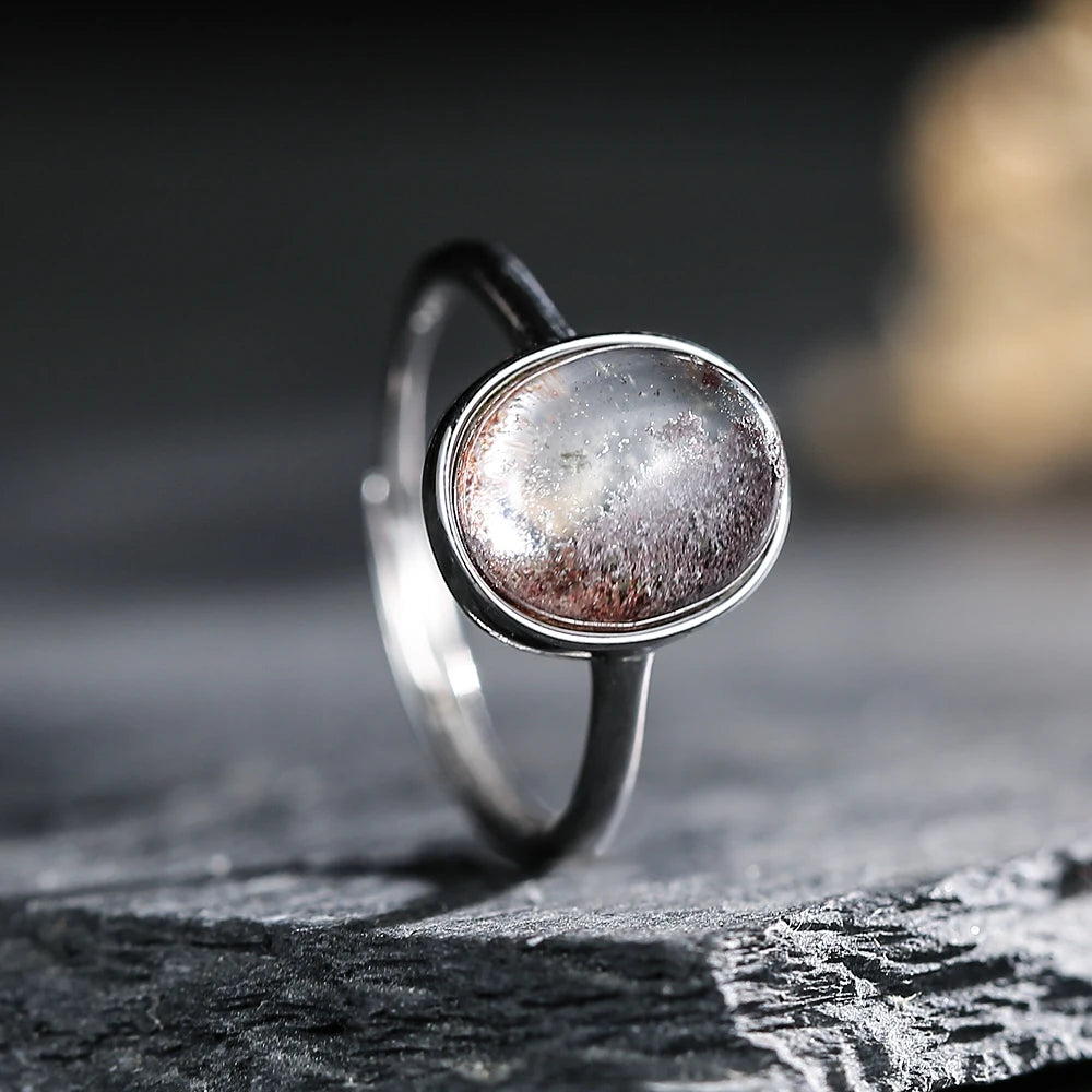 Natural Phantom Crystal Ring – 925 Silver Minimalist Oval 10×8 mm | Unisex Adjustable Spiritual Jewelry