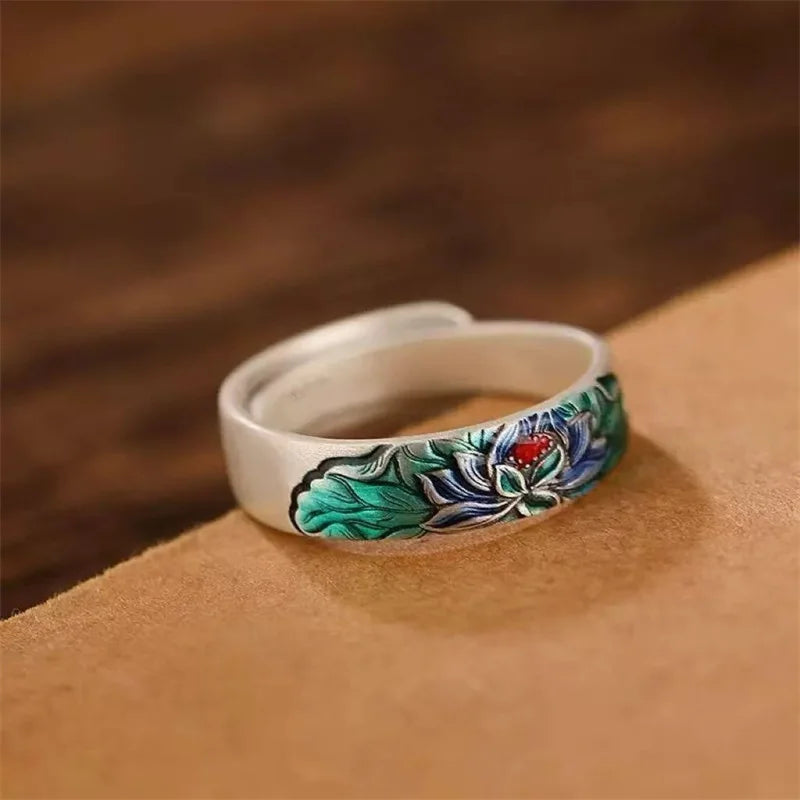 Radiant Lotus Blossom Ring – Sterling Silver Adjustable Enamel Symbol of Renewal & Inner Peace